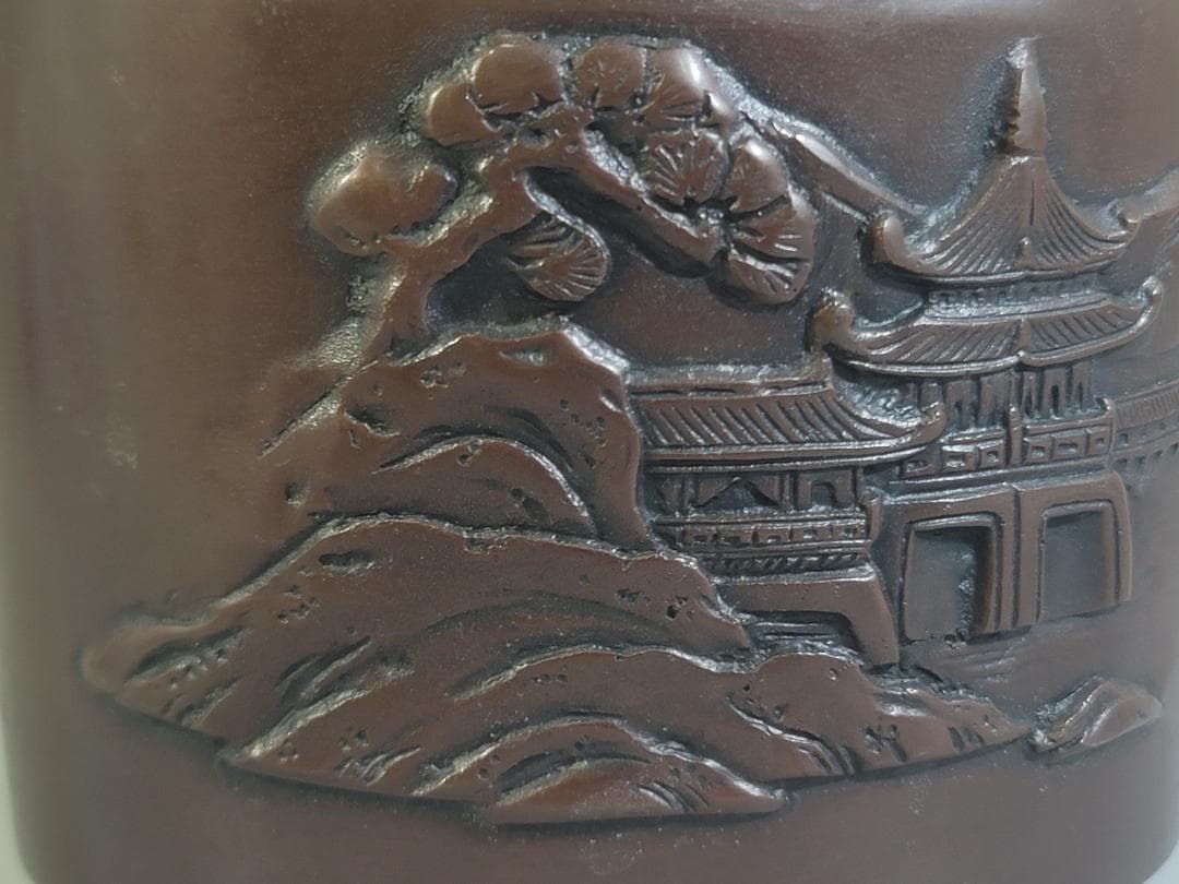 煎茶 銅 楼閣山水紋 霊芝手付 建水 琢斎造 DT322
