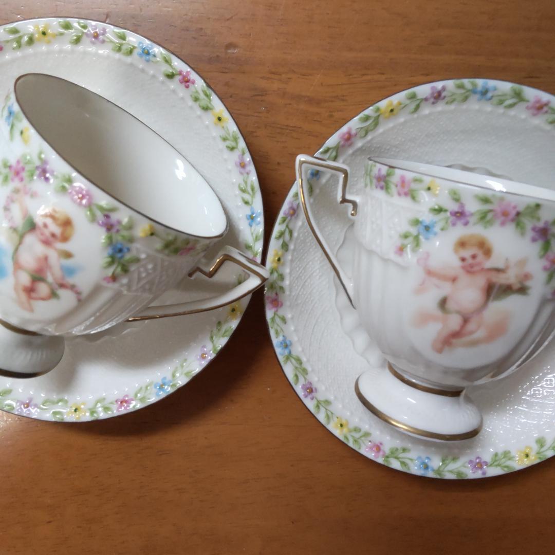 カップ&ソーサー　2客セット　エンゼル　天使　マイセン風　パステル