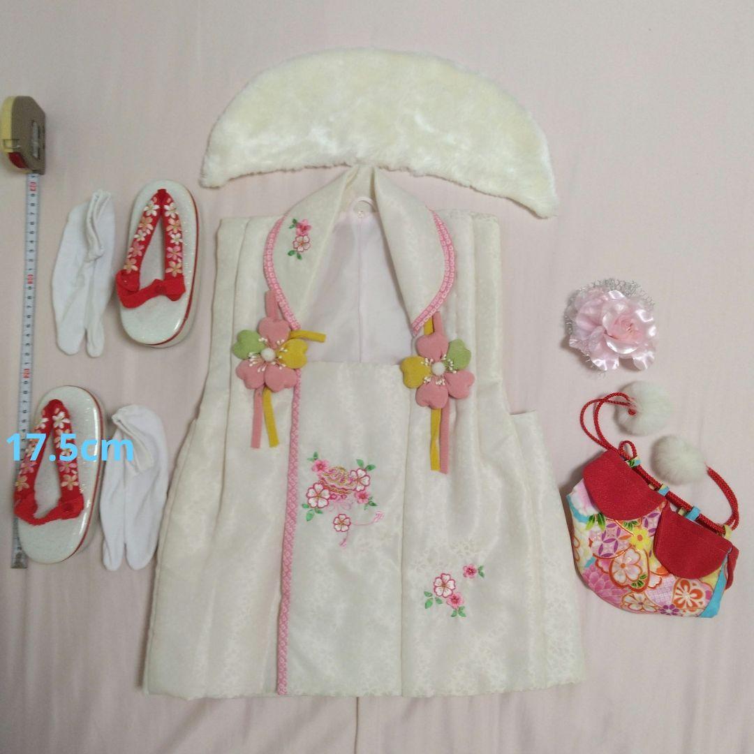 七五三8点①花刺繍被布着②着物③花刺繍襟長襦袢④髪飾り⑤ファー⑥足袋⑦草履⑧巾着