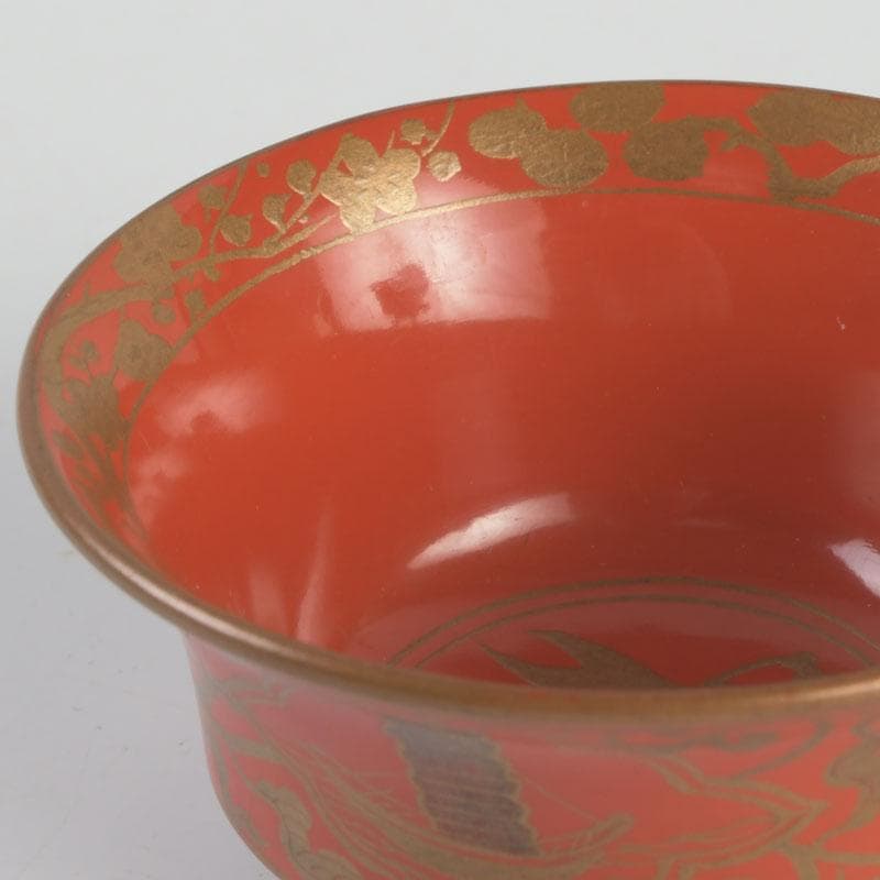 時代根来　朱塗　山水人物蒔絵　杯　盃　在銘　共箱　C　9394