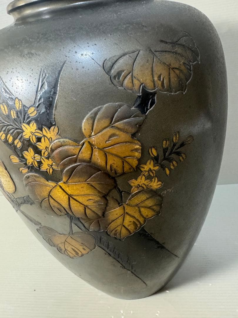 2643 高岡銅器 銅花瓶 希少 金銀象嵌 鳥花文図