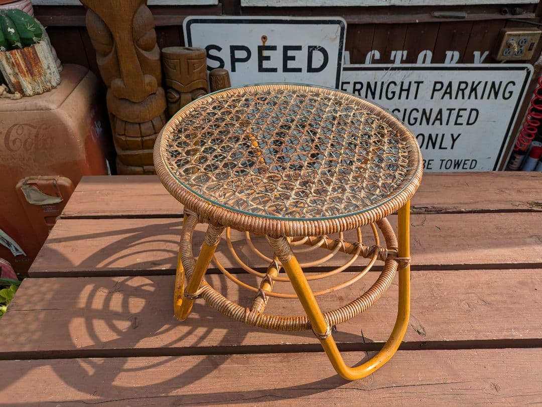 ビンテージ オールド ラタン ガラステーブル コーヒーテーブル