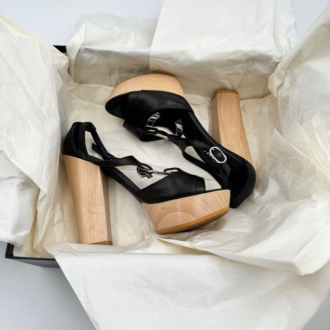 CHANEL サンダル　ココマーク　ブラック　レザー　ウッド　サイズ34 1/2