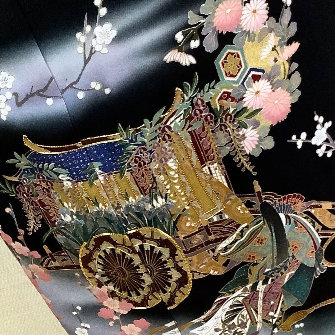 正絹黒留袖　駒刺繍　金彩　平安風景文　⑧( 訪問着、紬、袋帯なども出品)