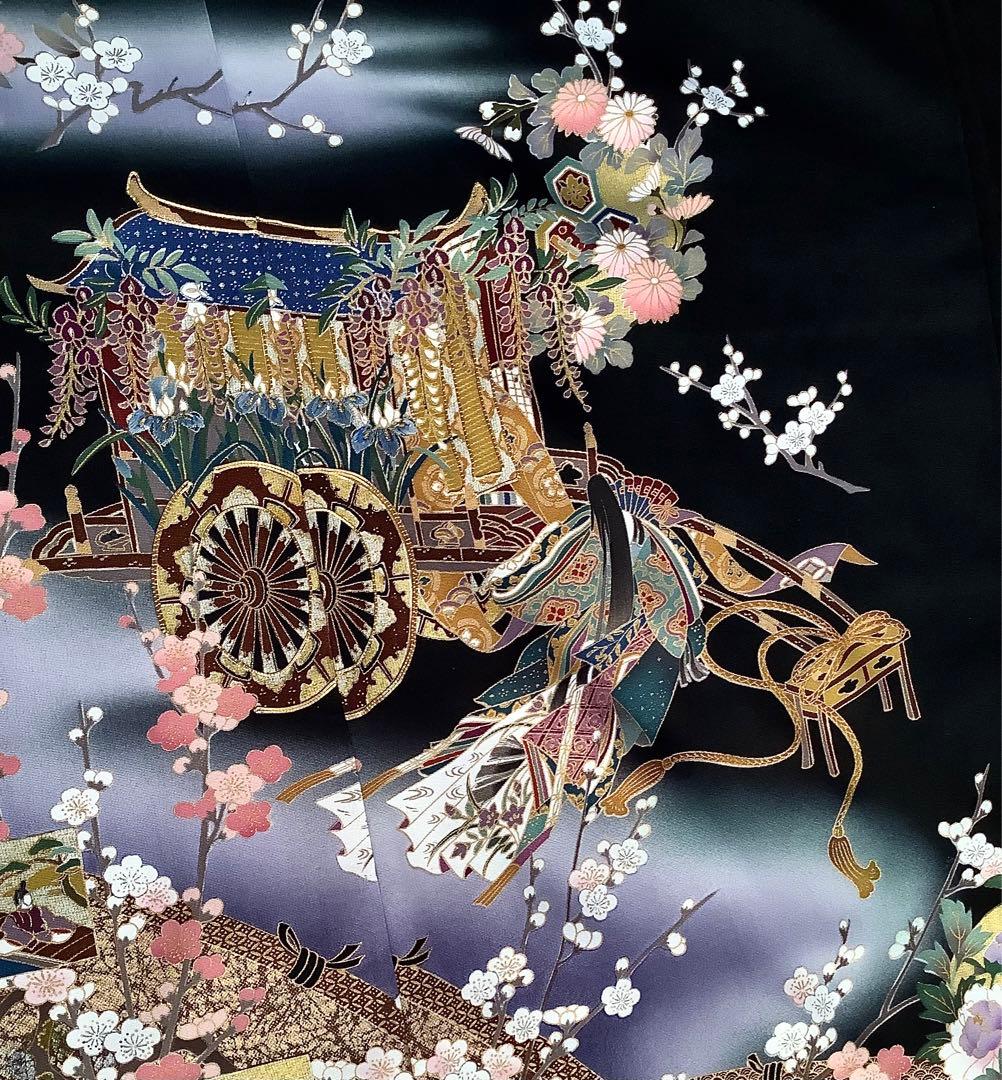 正絹黒留袖　駒刺繍　金彩　平安風景文　⑧( 訪問着、紬、袋帯なども出品)