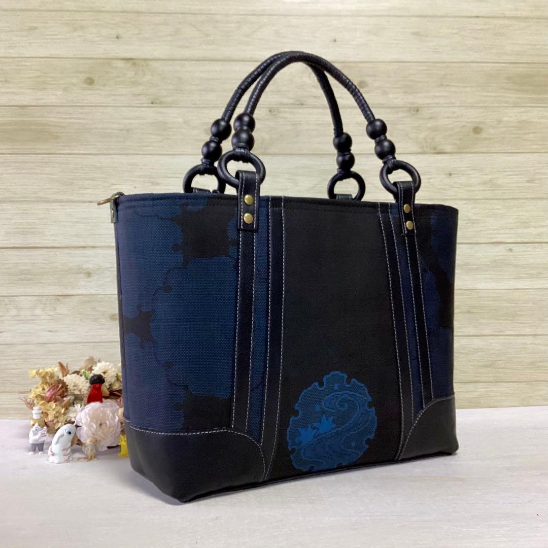 大島紬 ×本革 着物リメイク トートバッグ 和装バッグ ハンドメイド 雪輪柄 黒