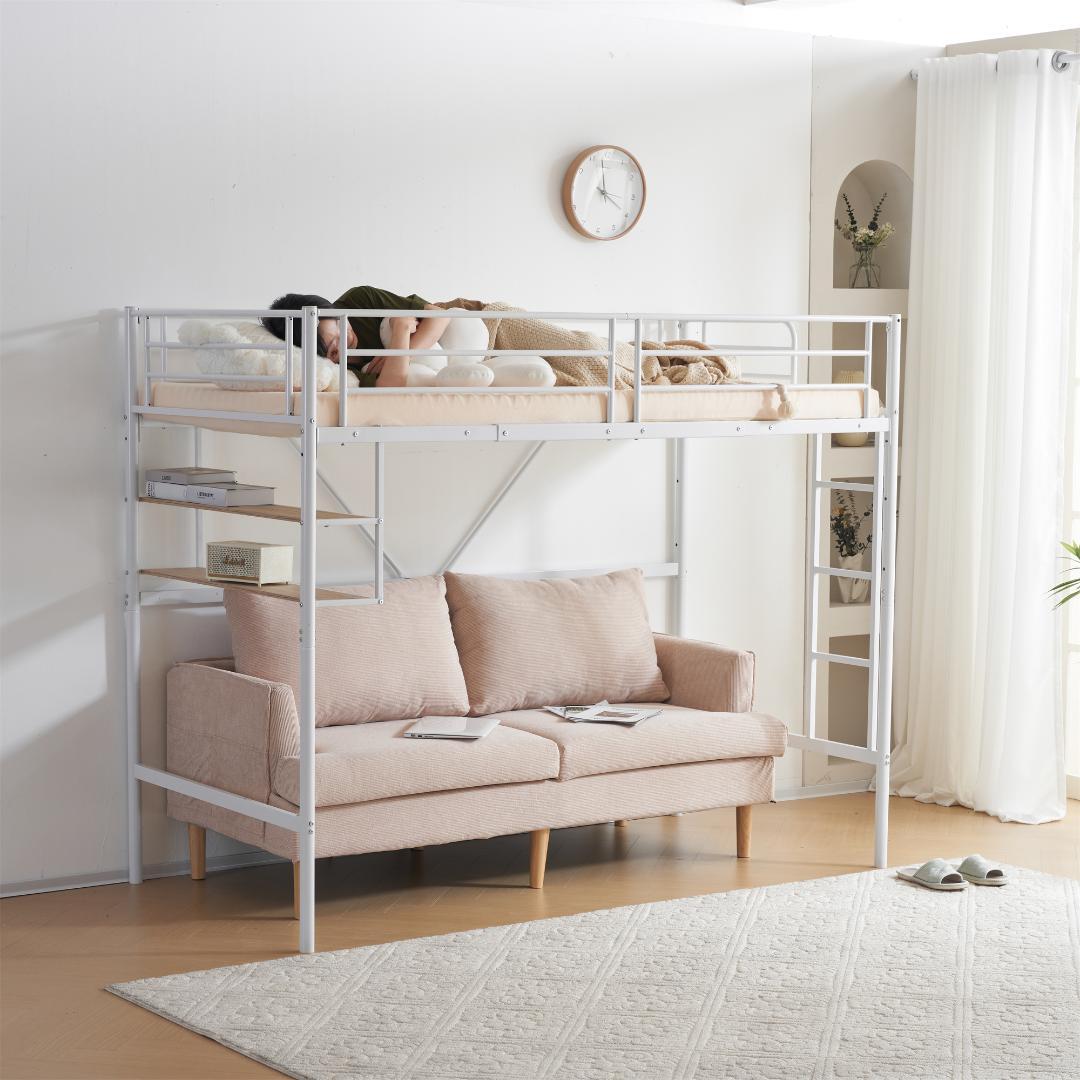 超人気！ロフトベッド パイプベッド サイド棚付　子供部屋 耐震 WHITE