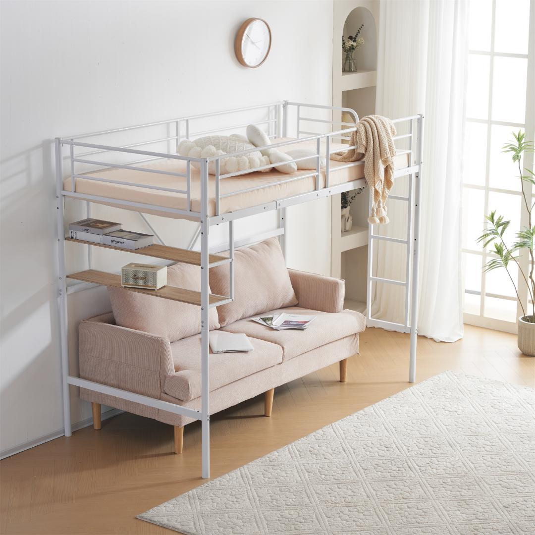 超人気！ロフトベッド パイプベッド サイド棚付　子供部屋 耐震 WHITE