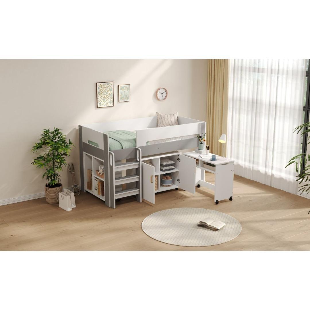 システムベッド ロフトベッド 階段付き 木製 本棚 机付き 学習机 シングル