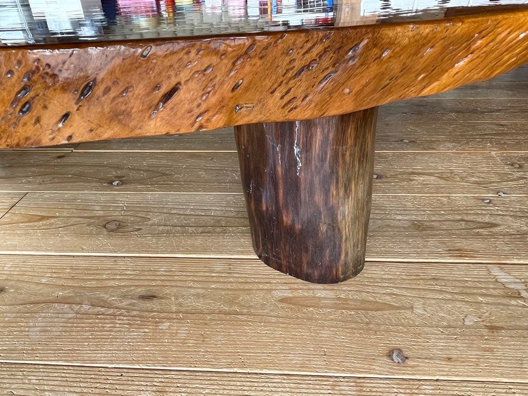 一枚板座卓 ブビンガ　テーブル　輪切り　円形木製座卓 光沢仕上げ