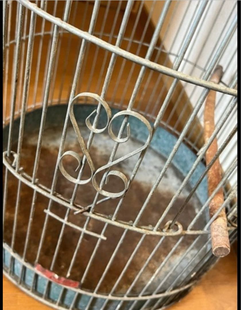 【昭和レトロ】大型鳥かご 金属製 木製止まり木２本