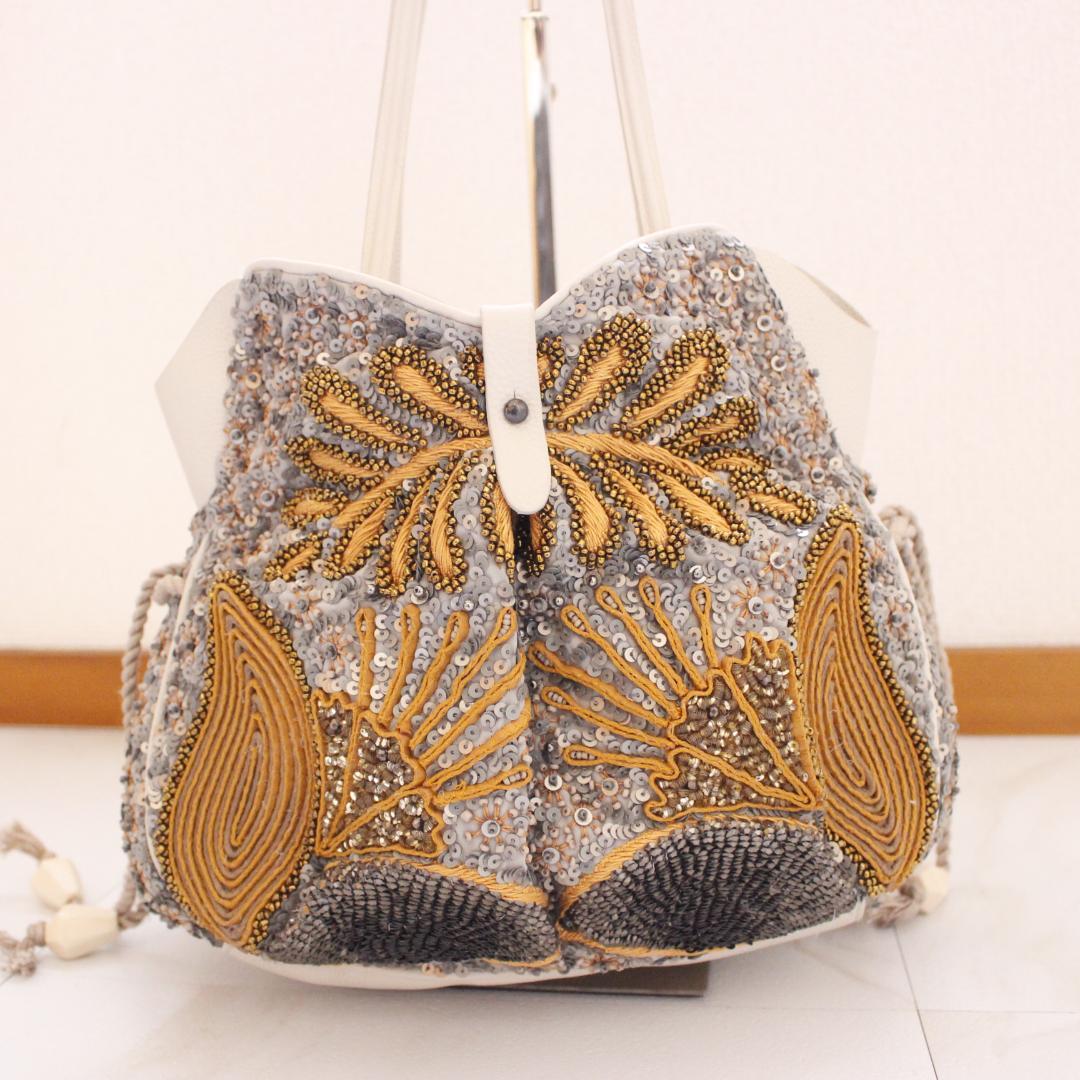 jelly様JAMIN PUECH ハンドバッグ スパンコール グレー ゴールド