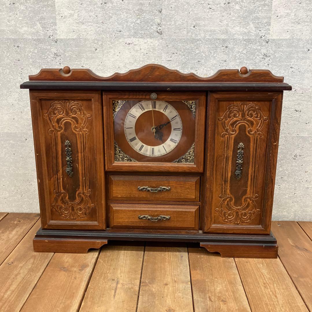 ジャンク品 アンティーク 木製 引き出し付 置時計 ジュエリーボックス 小物入れ