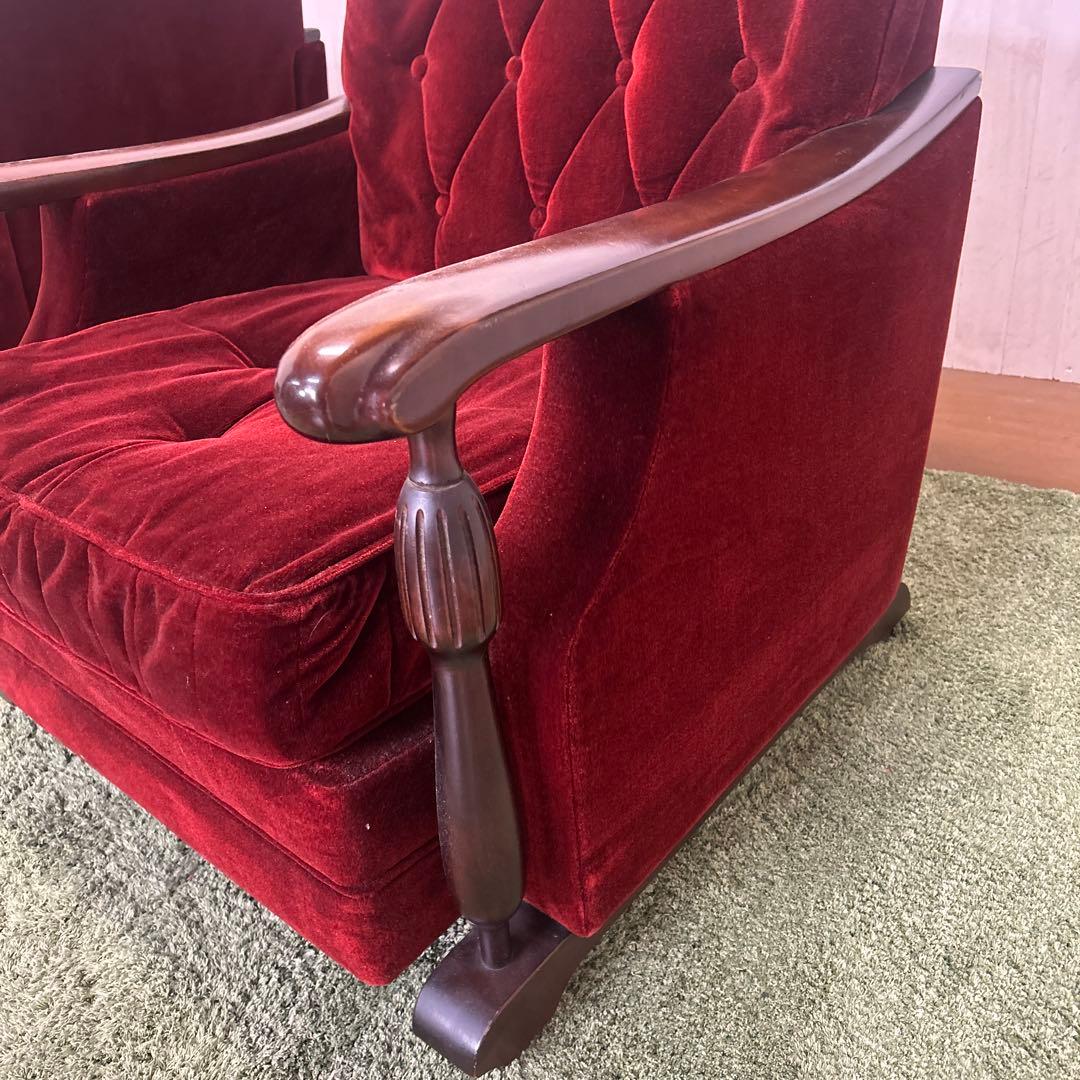 ②昭和レトロ 古家具 一人掛けベロアソファー アームチェア ヴィンテージ 赤