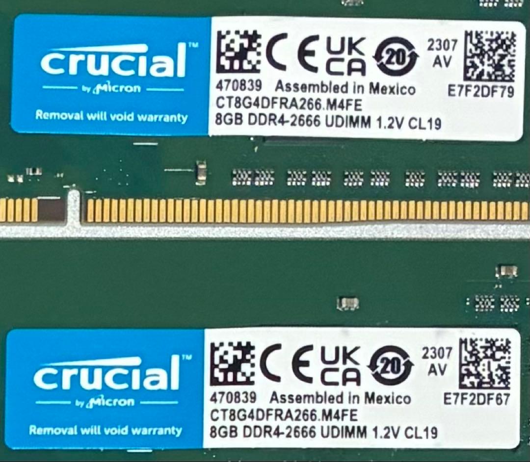 【中古】DDR4-2666 16GB(8GB×2枚) crucial