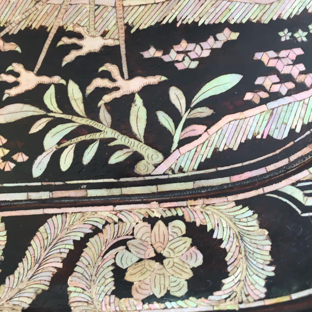 青貝瑞鳥花の図　木瓜形　香合盆　螺鈿細工　共箱