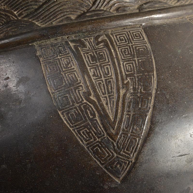 中国　古銅宣徳銅　饕餮文　建水　茶こぼし　M　R5895