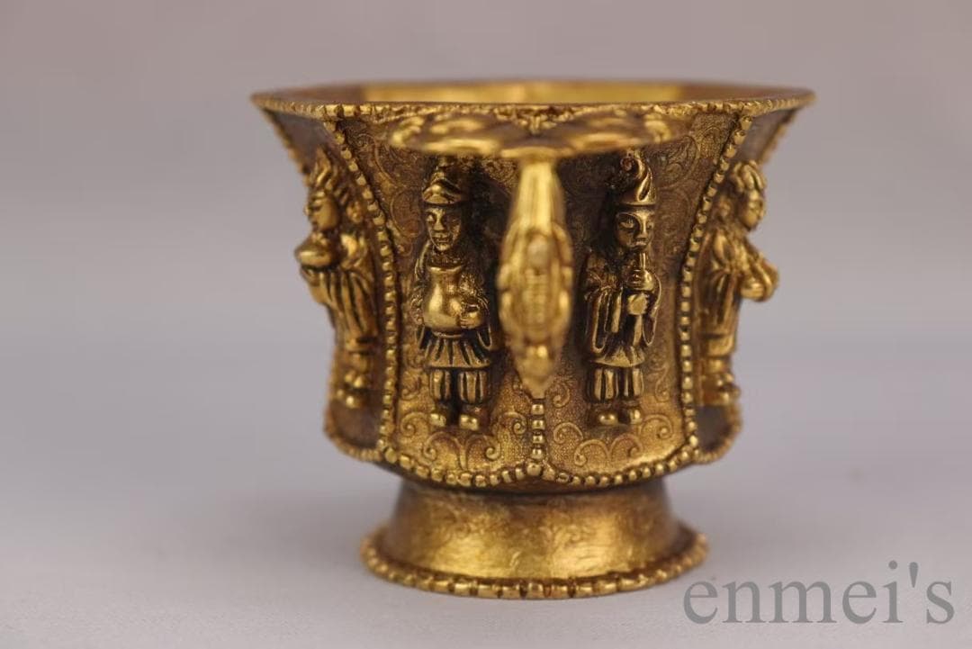 中国古美術 旧蔵 唐代 大唐貞觀款 鍍金銅酒杯 八仙紋 純手作り 精銅製 酒具