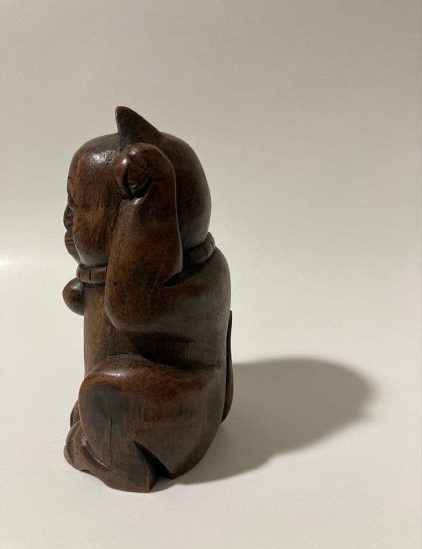 木製 竹根彫刻 招き猫の置物 民芸・縁起物・木彫り