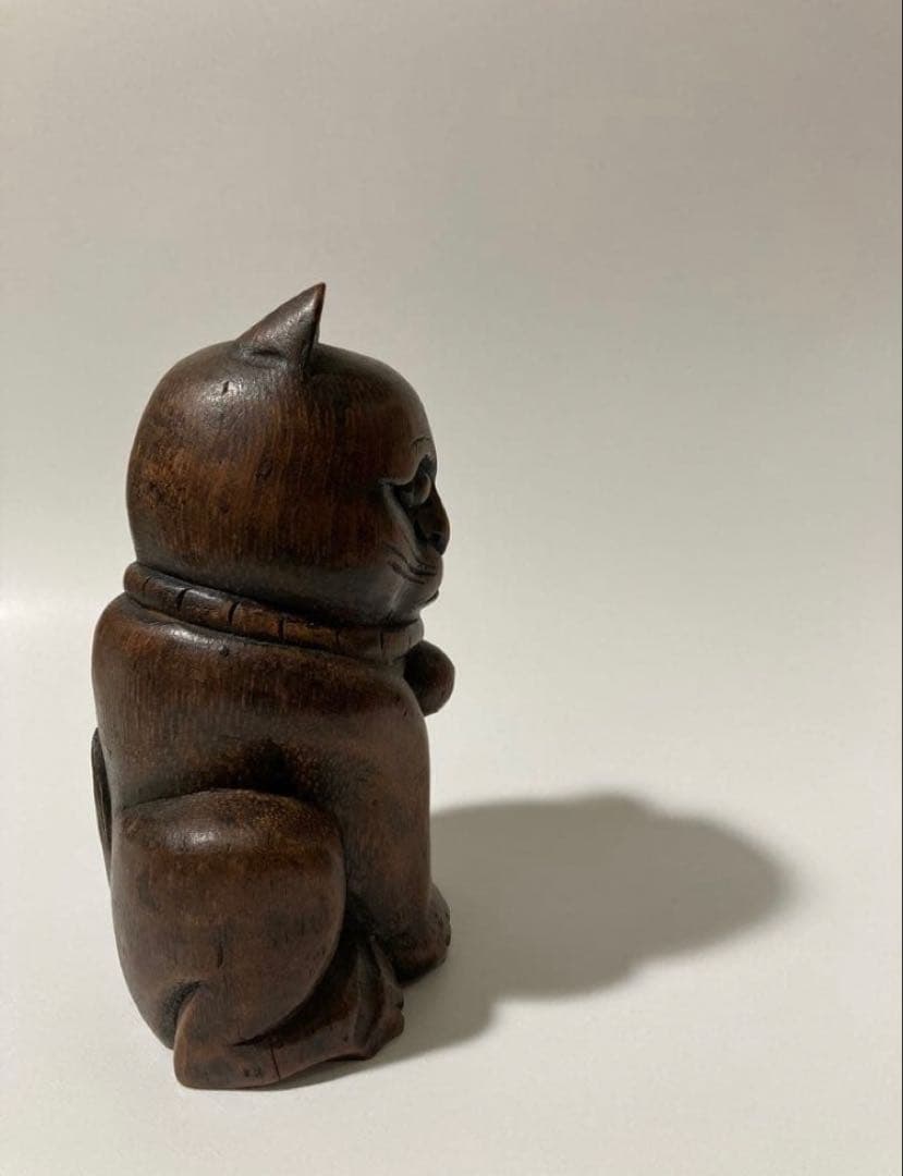 木製 竹根彫刻 招き猫の置物 民芸・縁起物・木彫り