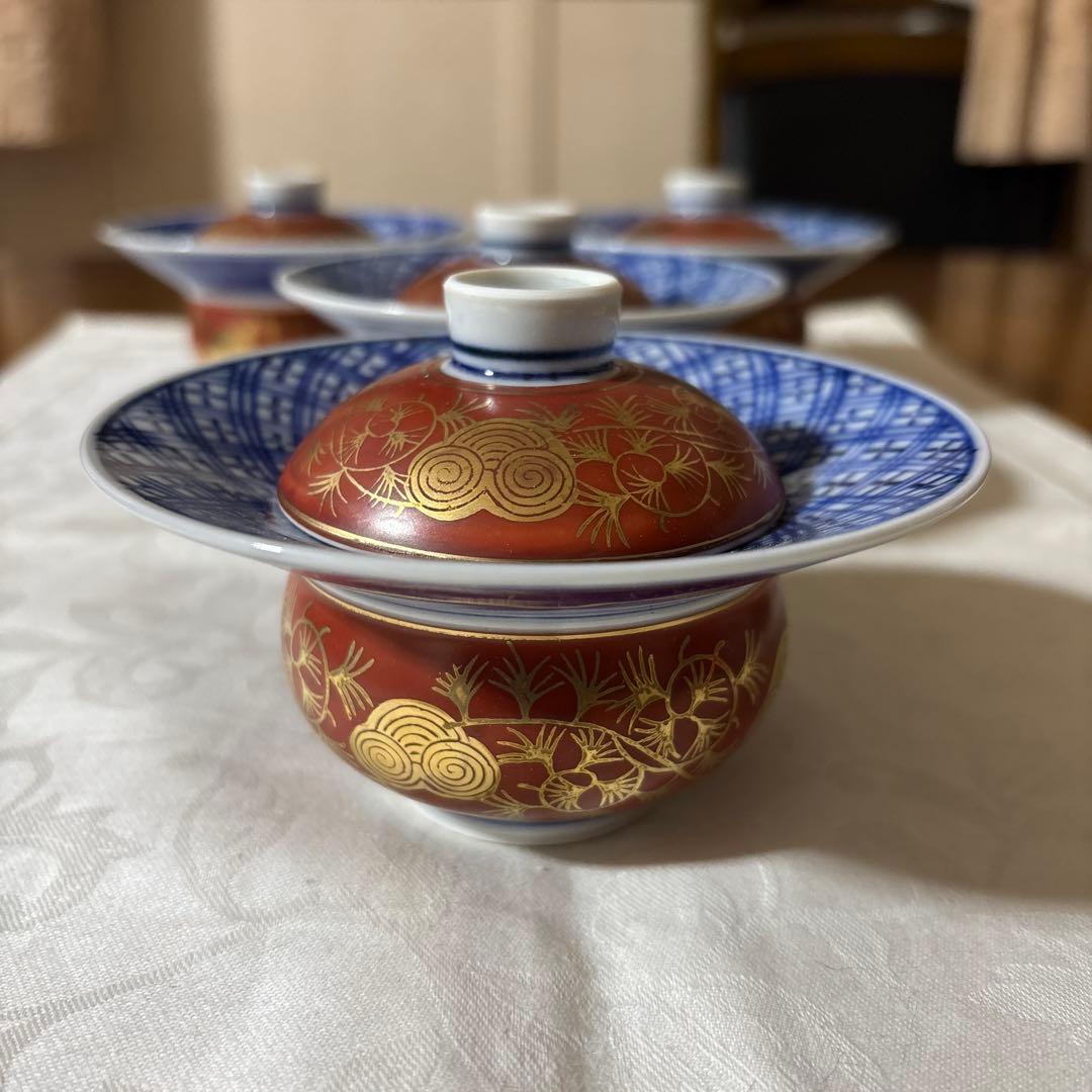 九谷焼　上出長右衛門　上出長右衛門窯　煮物碗　むし碗　蓋付き小鉢　4 個