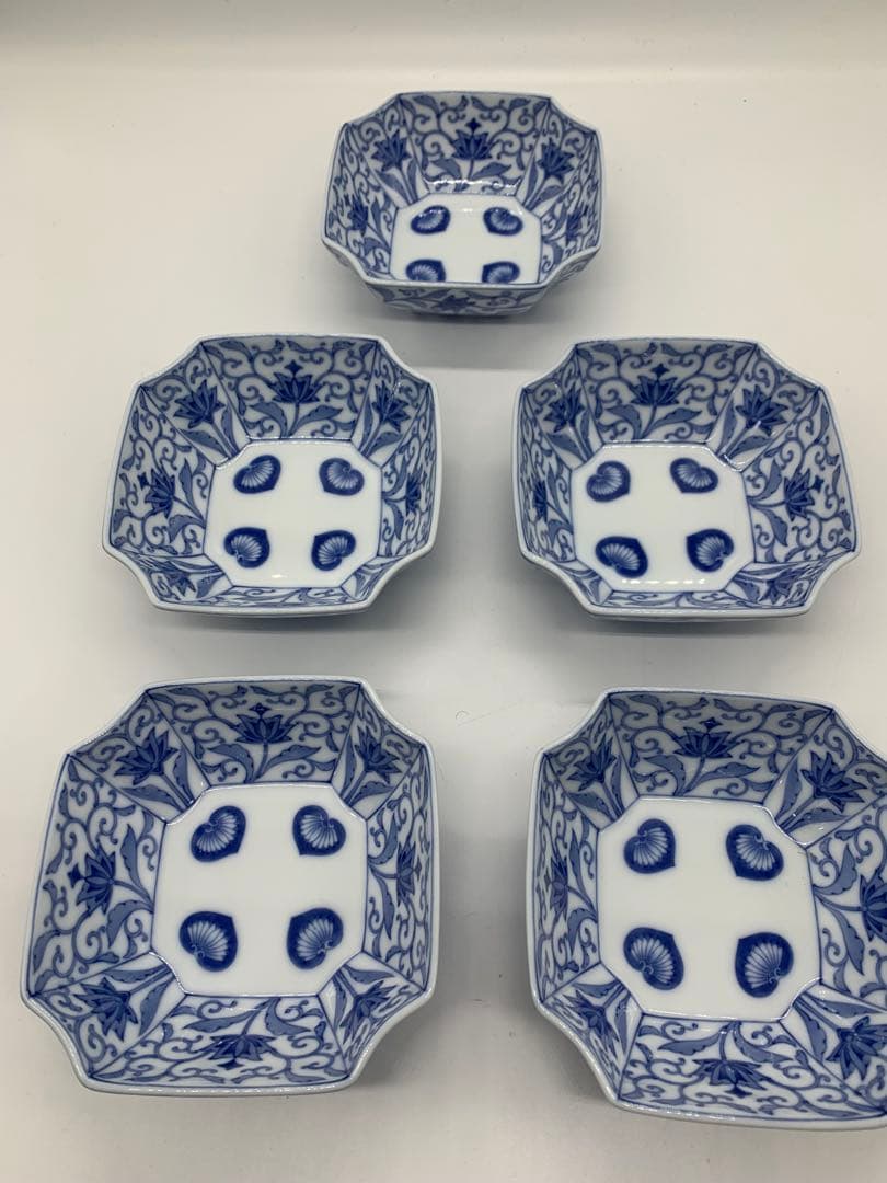 レア【木箱付き】深川製磁 かぶと唐草 　角切中鉢　5枚揃