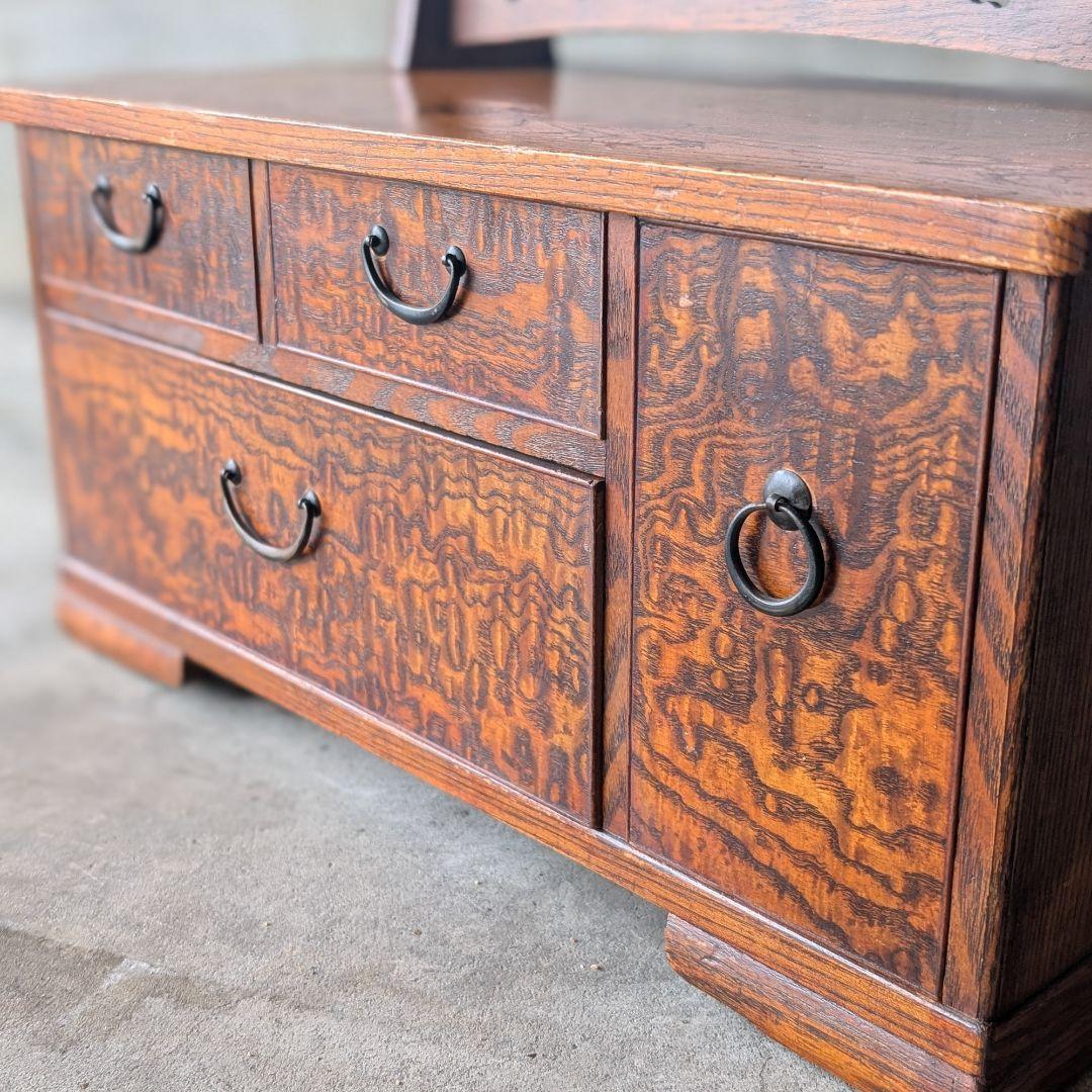 【古家具】昭和初期ぐらいの縮み杢がきれいな小さめ鏡台　化粧台　卓上ミラー