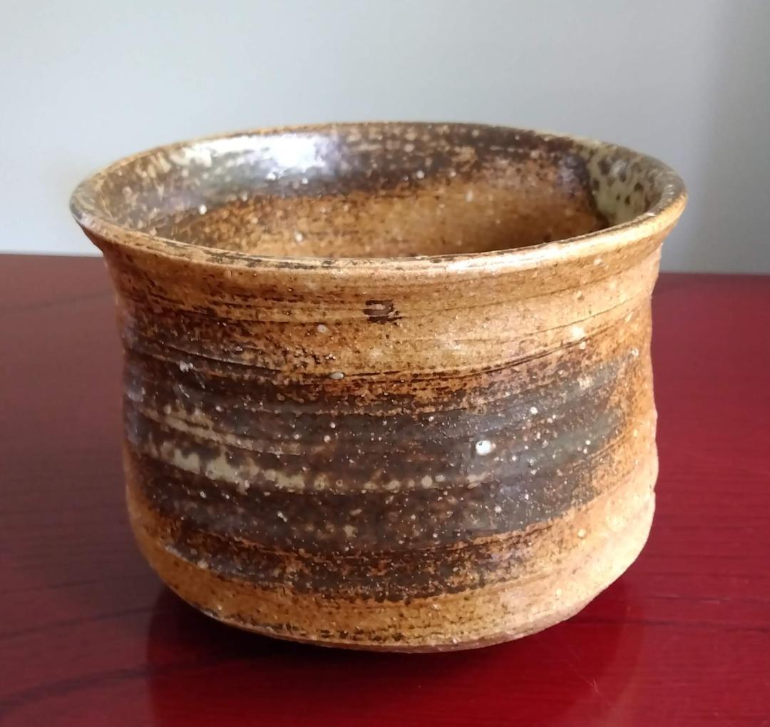 越前焼名工　桝田屋光生 自然灰釉ビードロ模様美還元窯変の究極美が迸る逸品 筒茶碗