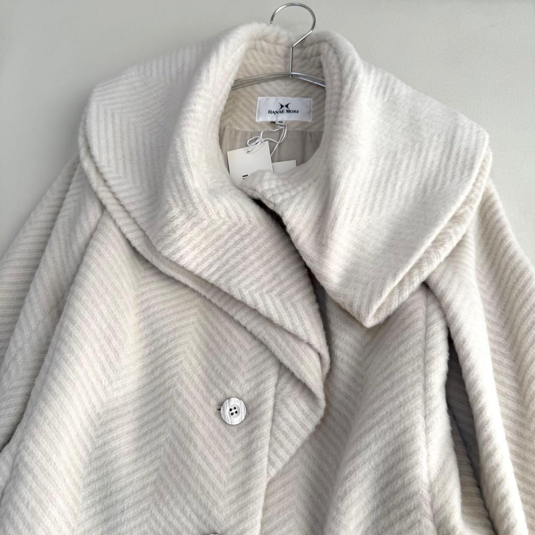 新品タグ付き✨ハナエモリ✨ビックカラーウールコート（M）ヘリンボーン　ホワイト