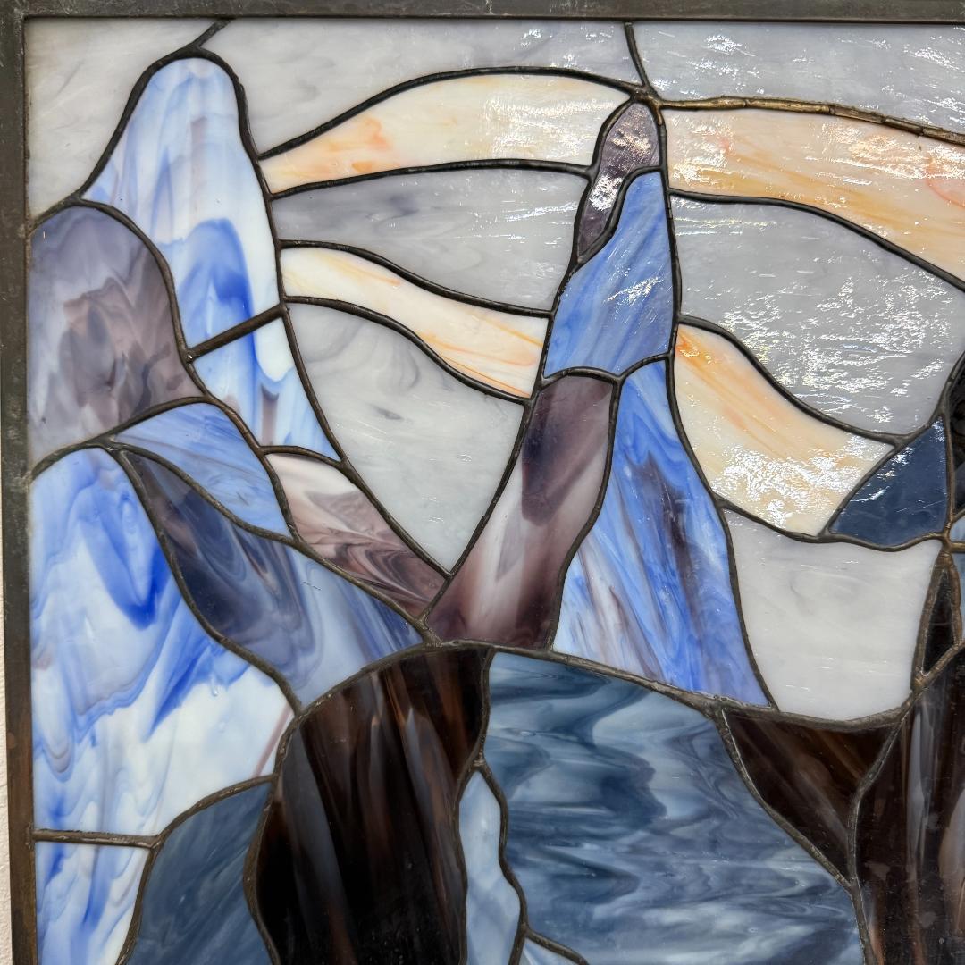 【幅61.5㎝】【希少】大型 ステンドグラス 狼と月 遠吠え 壁掛け パネル