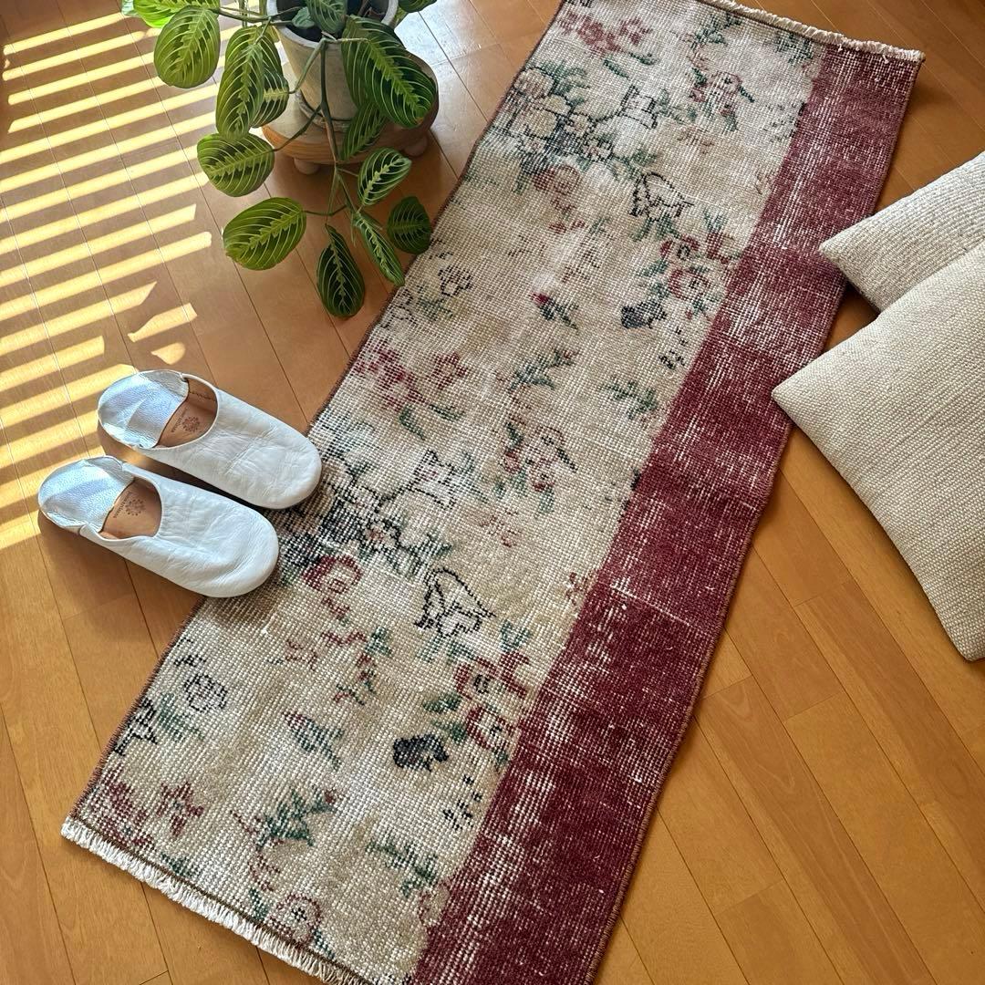 50×131アンティークボタニカル　ランナーラグ　トルコヴィンテージラグ