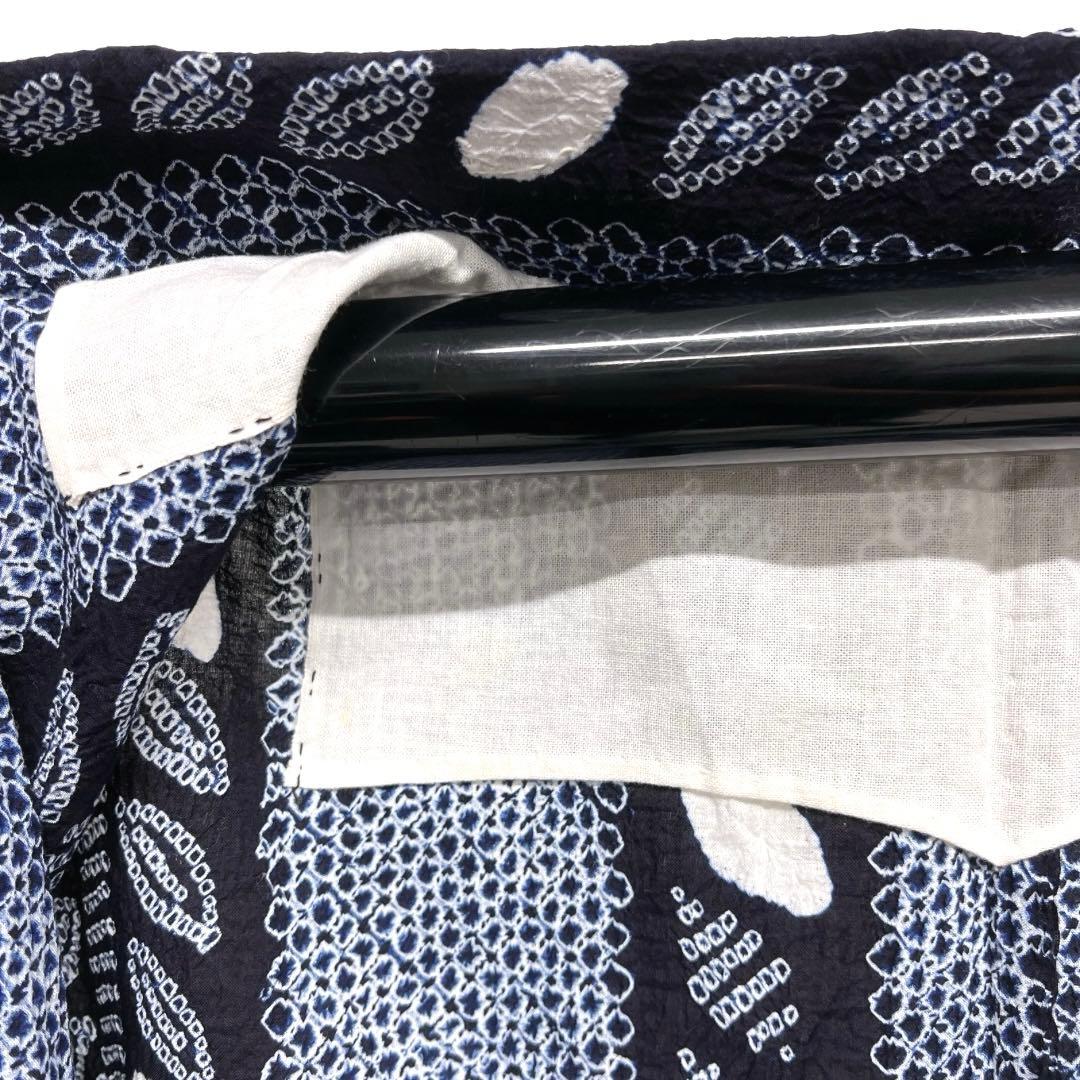 浴衣　有松鳴海絞り　縦縞　リーフ　藍染　ネイビー　着物　042a d