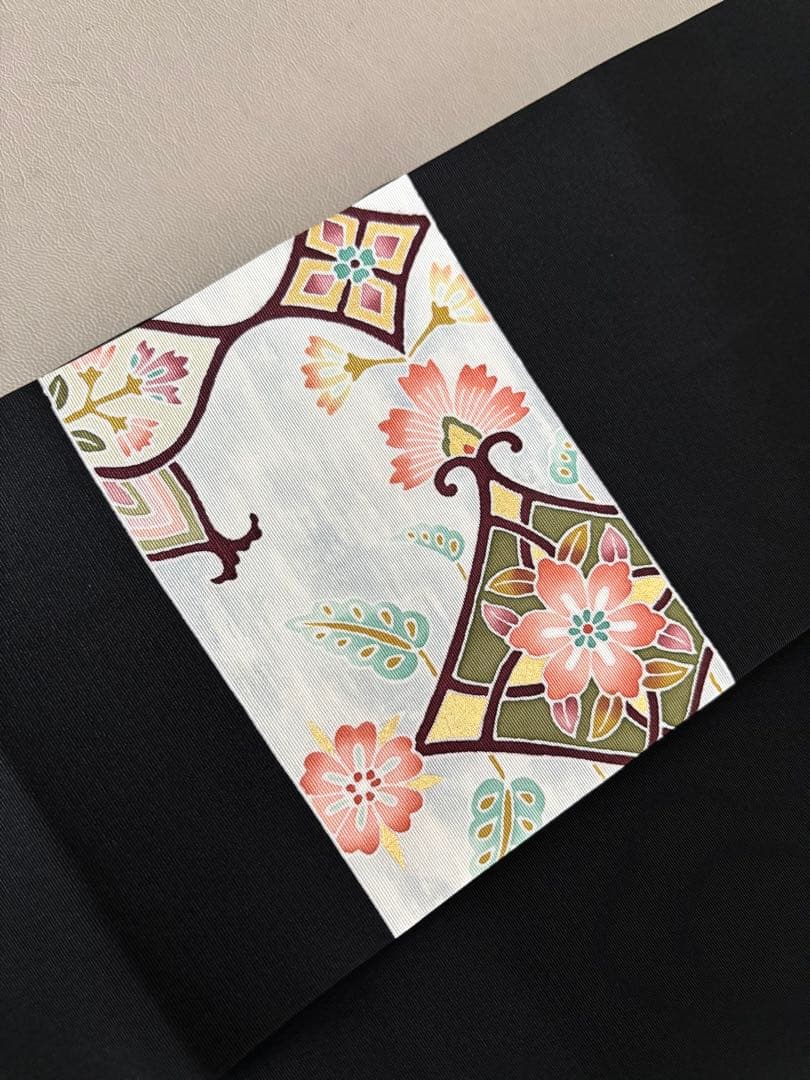 正絹 塩瀬 黒地 装飾華文 九寸名古屋帯 極美品