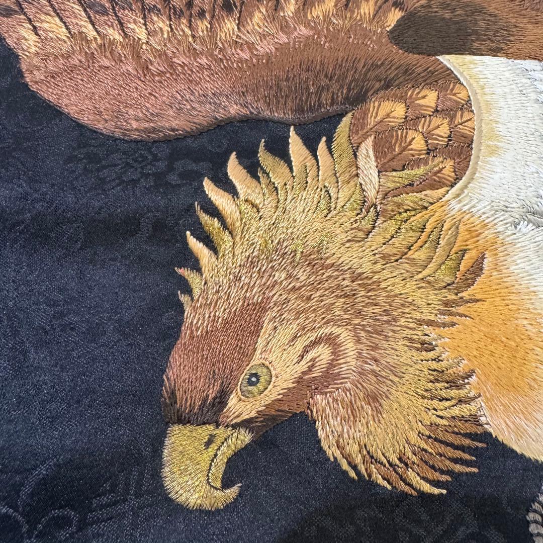 鷹の刺繍 名古屋帯 黒　アンティーク　刺繍帯　羽
