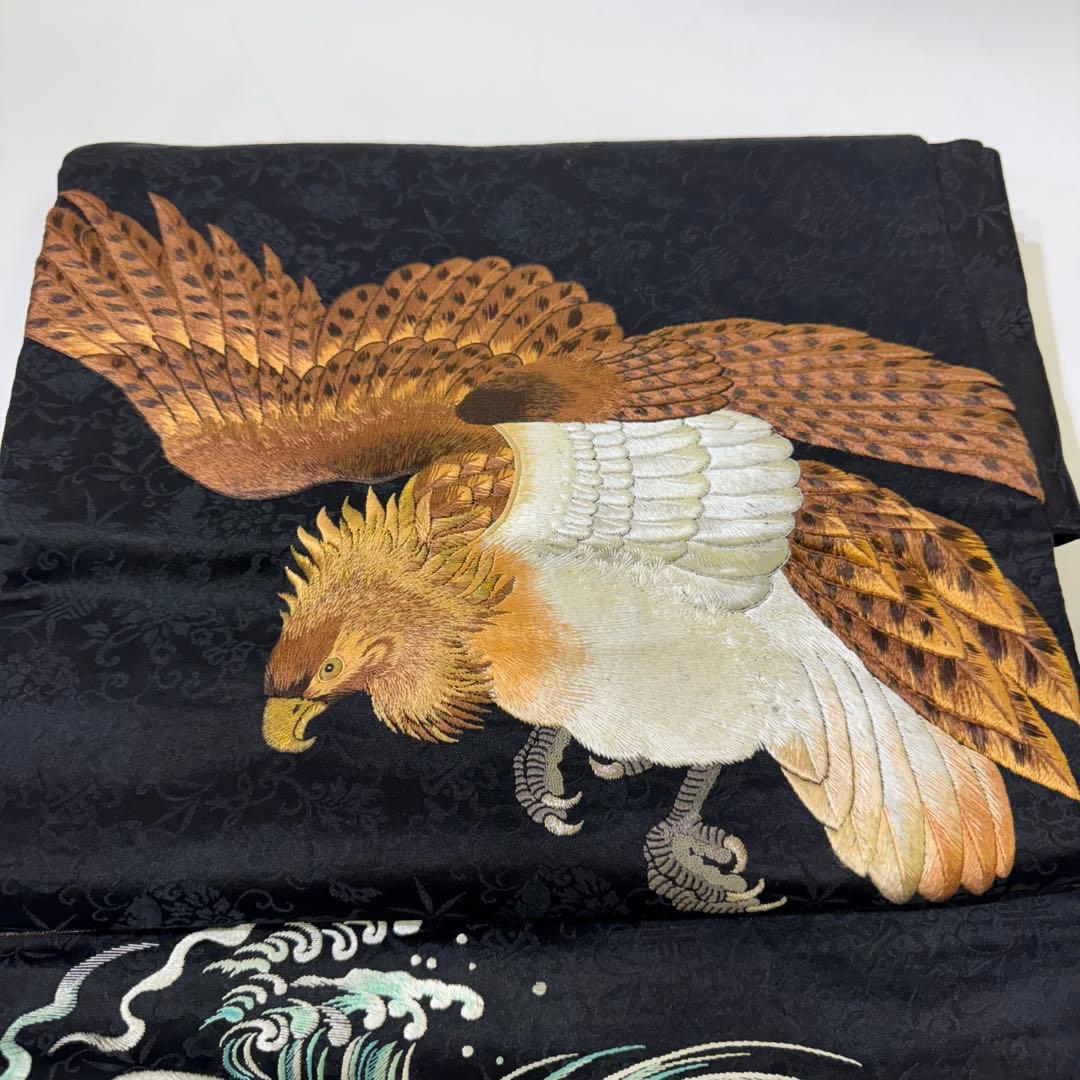鷹の刺繍 名古屋帯 黒　アンティーク　刺繍帯　羽