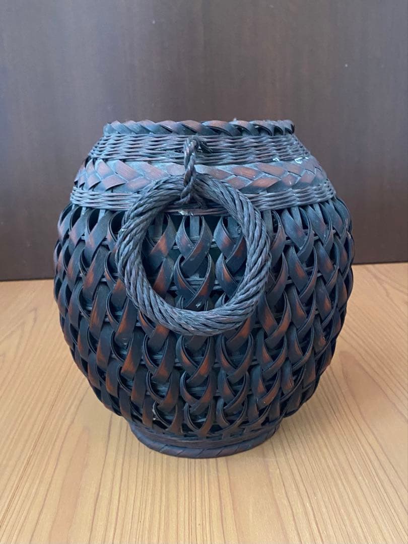 華道具 祥鳳作 遊環付 双耳 竹編花籠