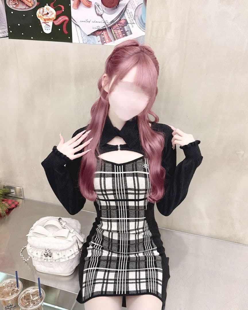 ミシェルマカロン　ハニーミュウ　チェックレイヤードアンサンブルワンピース　黒