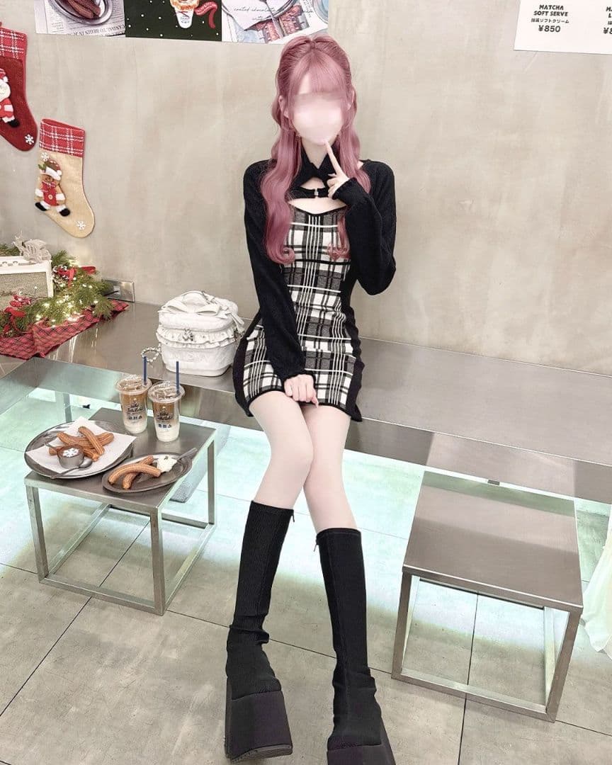 ミシェルマカロン　ハニーミュウ　チェックレイヤードアンサンブルワンピース　黒