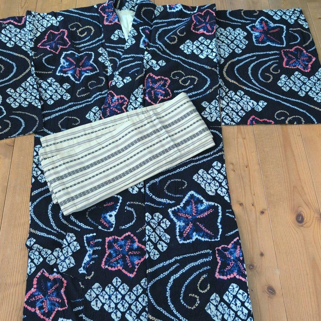 【濃紺】絞り浴衣/献上柄正絹半幅帯　セット