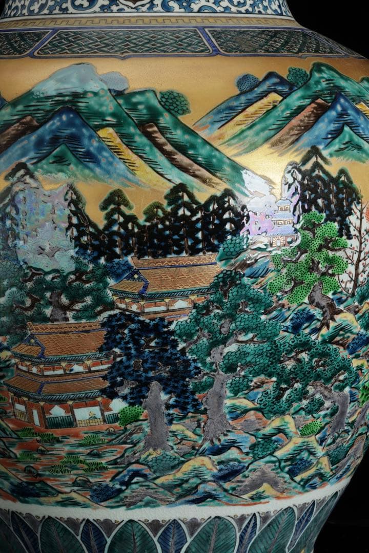 九谷焼 聚山作 金彩色絵 楼閣山水図 特大飾壺 高48㎝ 在銘 古美術 骨董品