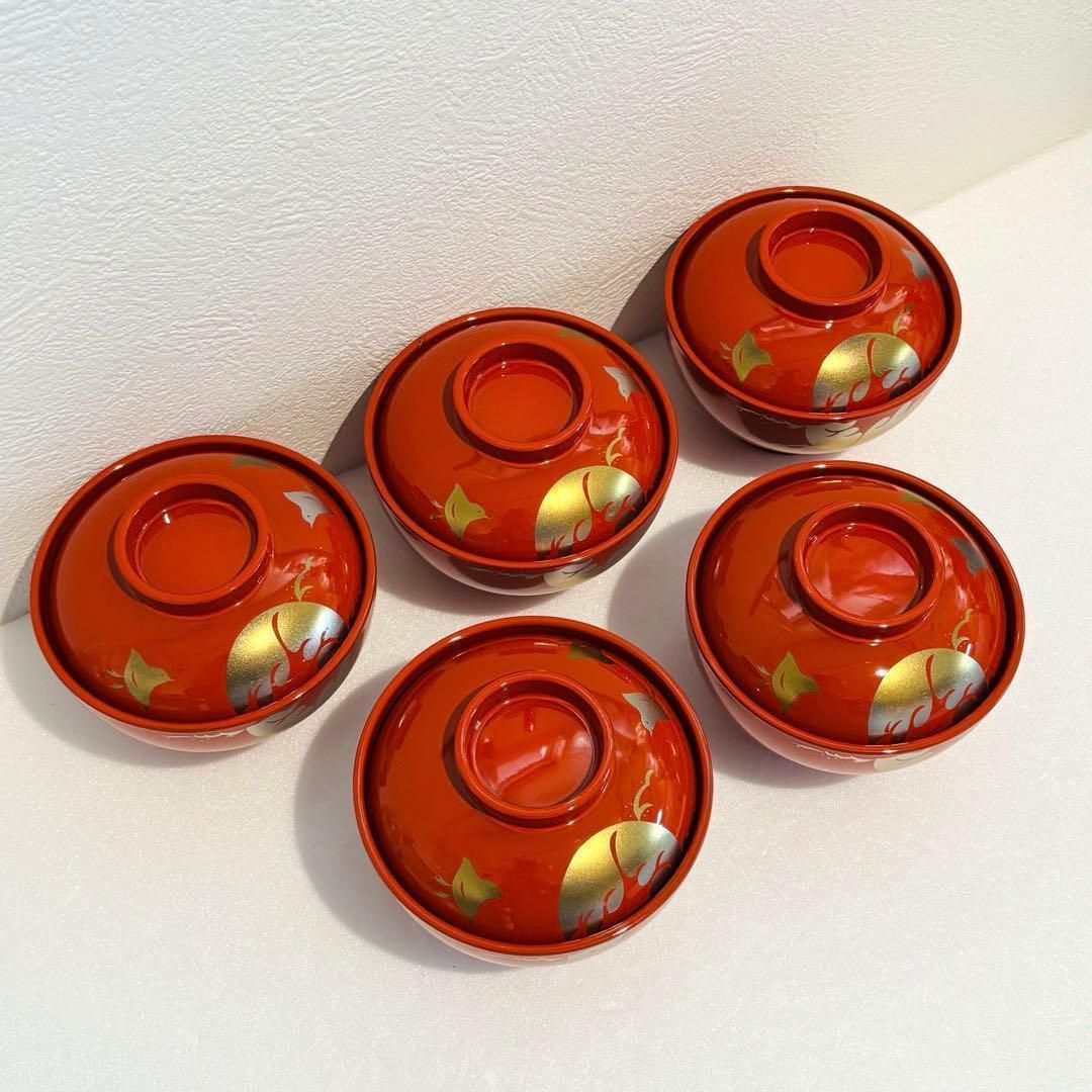 ⭐️ 朱塗 瑞鳥蒔絵 蓋付き椀揃 5客 美品 ⭐️