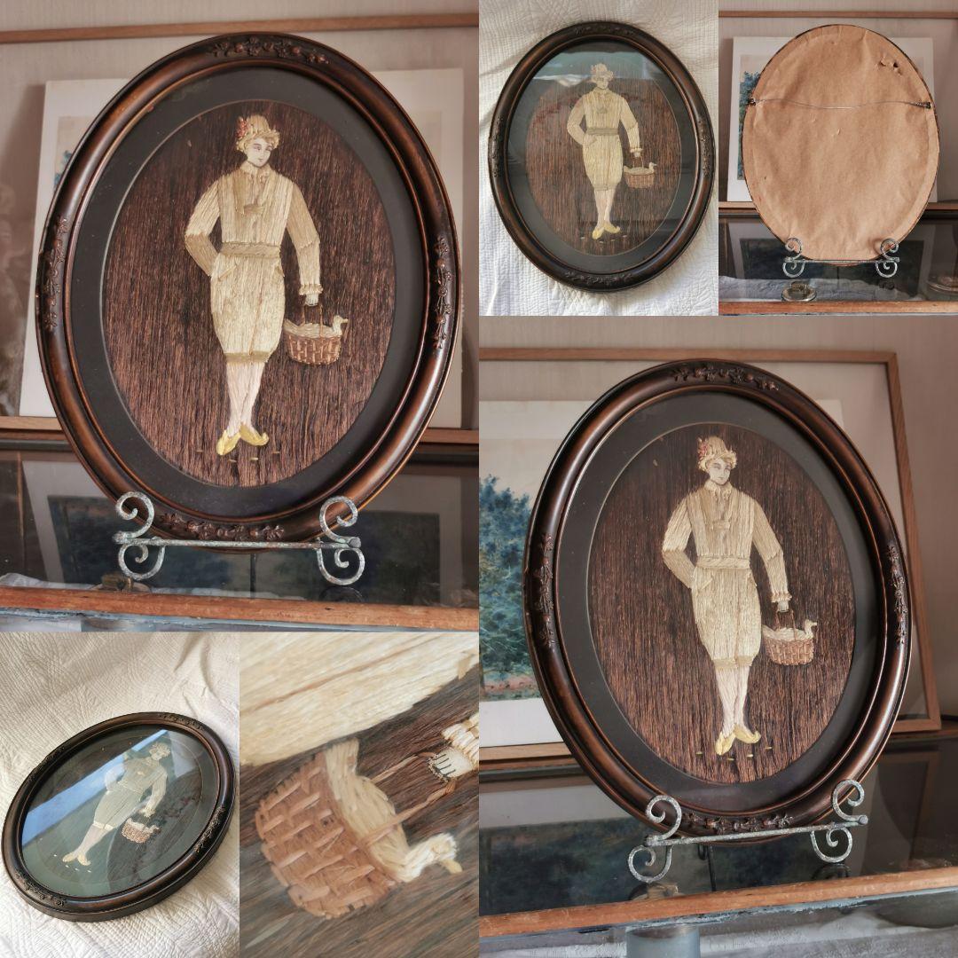 アンティーク 美しいシルク刺繍絵 額装 オランダ民族衣装/正装 少年と籠とアヒル