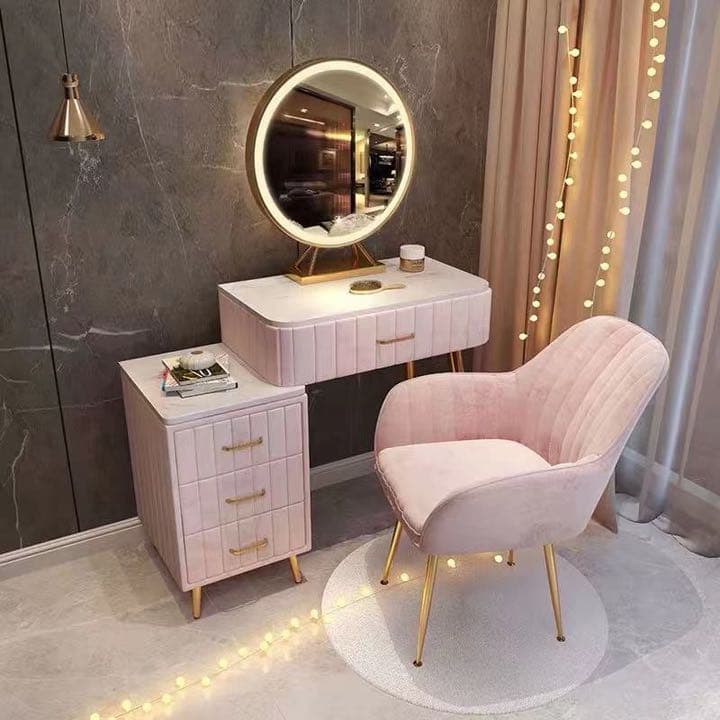 オシャレドレッサー　グリーン　デスク引き出し1杯LEDミラー　椅子　棚4点セット