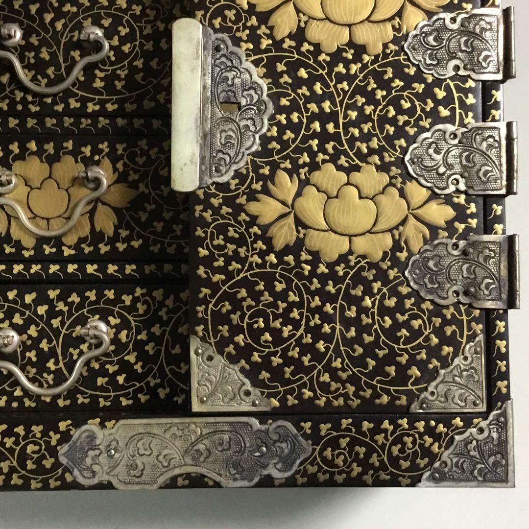 古い雛道具◆御三ツ揃◆木製 蒔絵 唐草 漆器 雛人形 骨董 ドールハウス