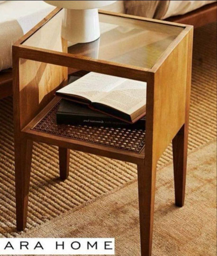 【ZARA  ザラホーム】サイドテーブル　ガラス×ラタン×ウッド