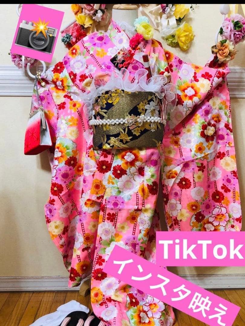 七五三七歳❣️四つ身着物未使用⭐︎ピンク花々金彩煌びやか絢爛⭐︎完全フルセット激可愛い