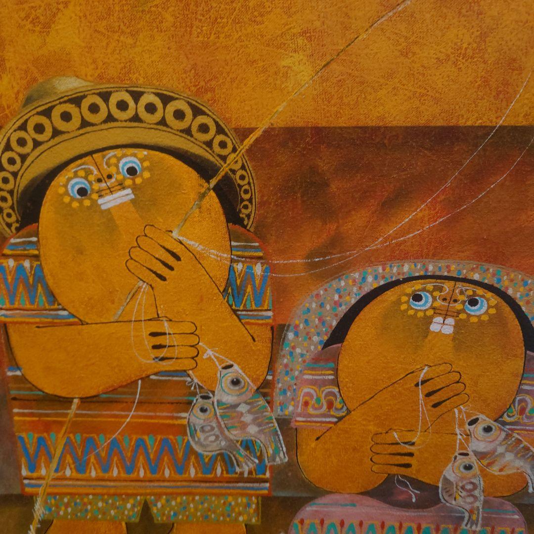 【１９９１年】漁師と魚の手描き絵画　油絵