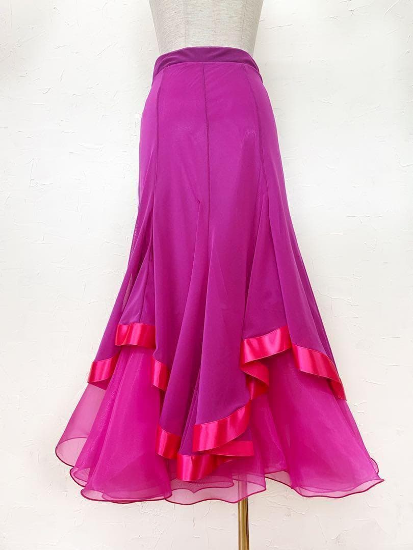 フーシャピンク　新作 社交ダンス用裾サテンテープ 　ロングフレアスカートｄ071