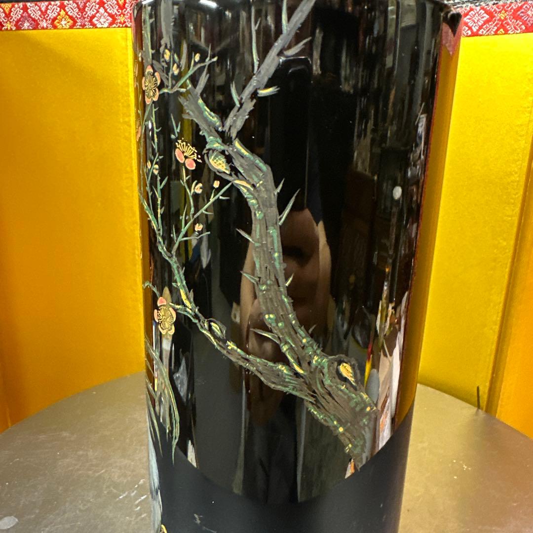 彫漆 漆器 花瓶 花器 置物 鶏と花のデザイン