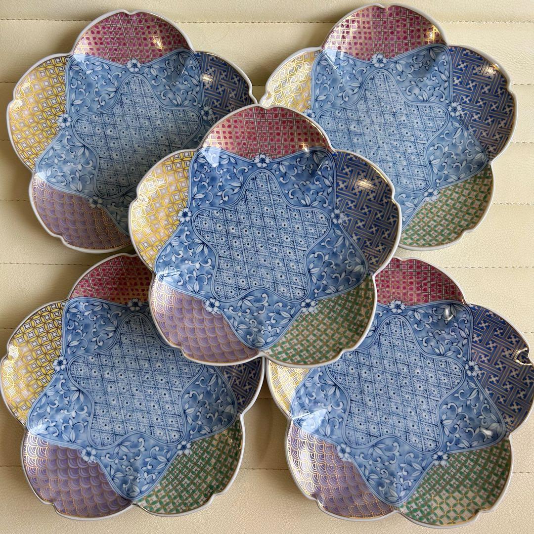 三洋陶器　龍峰窯　染付更紗　金彩地紋　桜型　和皿揃　5枚セット　中皿　輪花皿